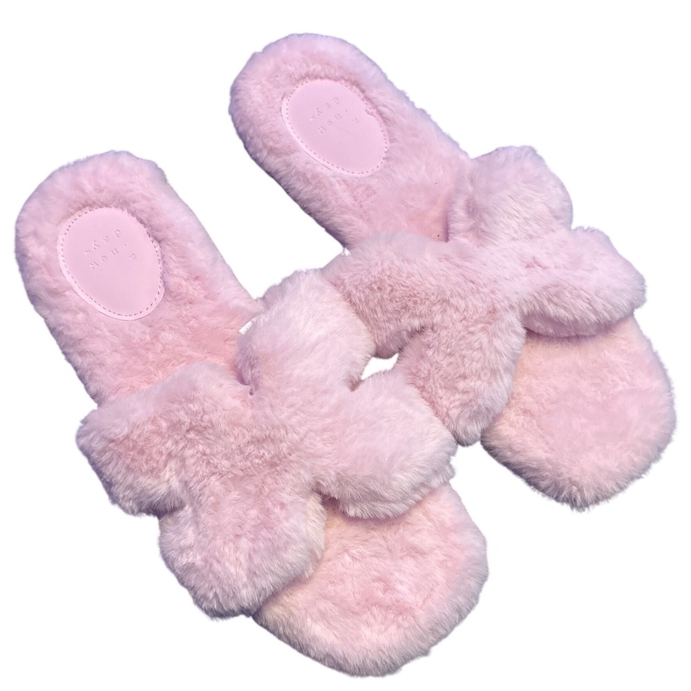 NEW A New Day Pink Faux Fur Bow Slide Slippers Open Toe House Shoes Size 9